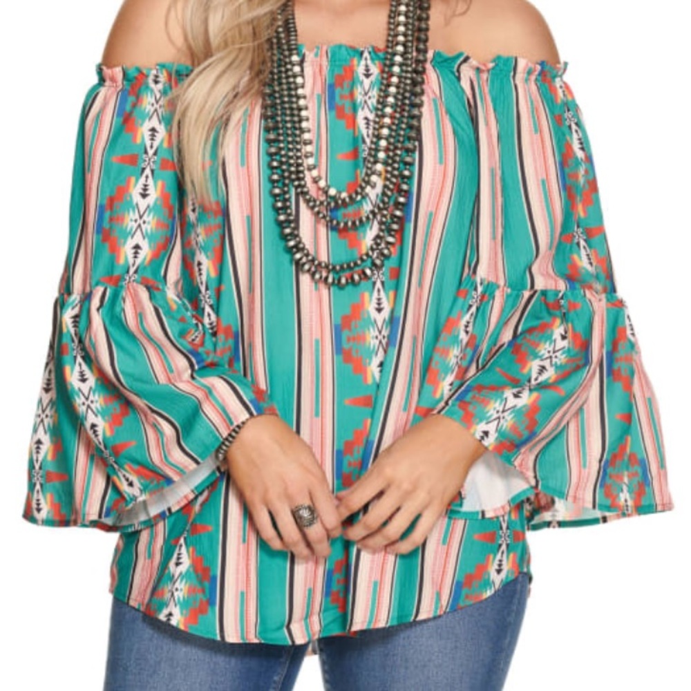 Turquoise Green & Peach Aztec Stripe Off the Shoulder Bell Sleeve Top